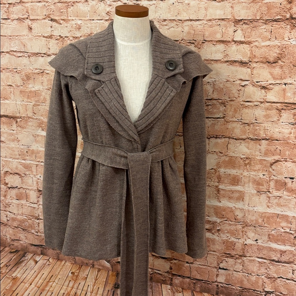 Anthropologie Sparrow “mocha” wrap, 100% Merino wool cardigan with belted tie